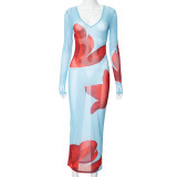 Sexy See-Through Mesh Long Sleeve V-Neck Printed Slim Maxi Dress