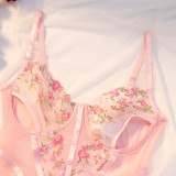 Pink Underwired Embroidered Lace Garter Sexy Two Piece Lingerie Set