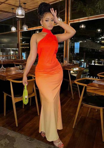 Sexy Halter Neck Gradient Low Back Bodycon Long Dress