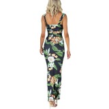 Floral Printed Stretchy Ruched Zipper Resort Straps Maxi Dress