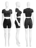 Wholesale Solid Cotton Blending Short Sleeve High-Waisted 2PCS Shorts Set