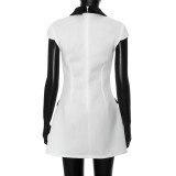 Solid Turndown Collar Cap Sleeve Contrast Color High Waist Zipper Dress