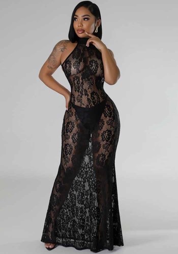 Sexy Lace See-Through Backless Bodycon Nightclub Maxi Dress