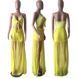 Cami Mesh Patchwork Tie Front Cut Out Sexy Long Dress