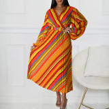 Turndown Collar Sexy Printed Puff Sleeve Pleated Maxi Dress