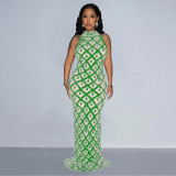 Solid Sequin Embellished See Through Mesh Halter Sexy Maxi Dress
