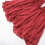 Solid Plunge Neck Chiffon Sleeveless Lace-Up Backless Mini Dress