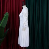 Lace Hollow Out Bodice Sexy Pleated Dress with Belt
