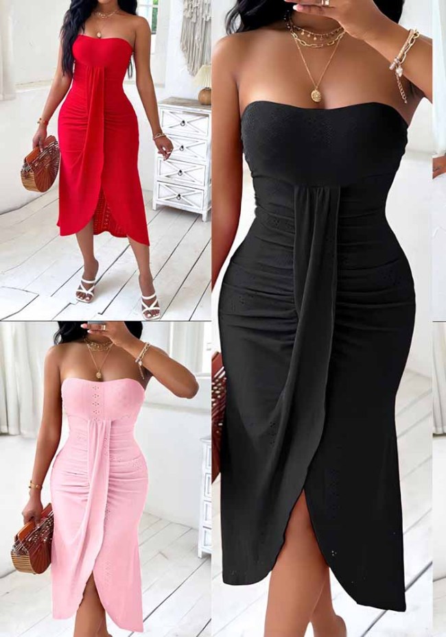 Trendy Sexy Strapless Hollow Out Irregular Midi Dress