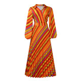 Turndown Collar Sexy Printed Puff Sleeve Pleated Maxi Dress