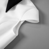 Solid Turndown Collar Cap Sleeve Contrast Color High Waist Zipper Dress