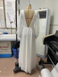 White Elegant V-Neck Low Back Long Sleeve Slit Wedding Dress