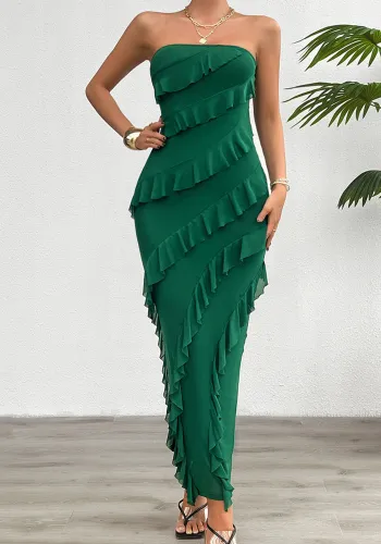 Solid Slim Strapless Ruffle Maxi Dress