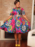 Printed V-Neck Zip Up Short Sleeve Plus Size Loose Dress