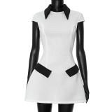 Solid Turndown Collar Cap Sleeve Contrast Color High Waist Zipper Dress
