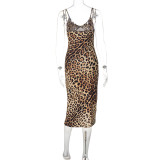 Camisole V-Neck Low Back Leopard Print Midi Dress