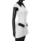 Solid Turndown Collar Cap Sleeve Contrast Color High Waist Zipper Dress