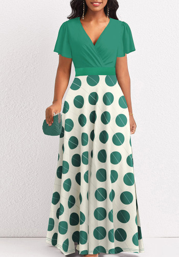 Plus Size Fashion V-Neck Short Sleeve Green Polka Dot Printed Maxi Dress