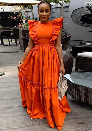 Orange Ruffle Sleeve Round Neck Slim Waist Maxi Dress