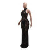 Sexy Lace See-Through Backless Bodycon Nightclub Maxi Dress