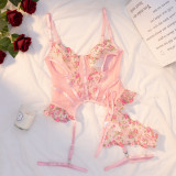 Pink Underwired Embroidered Lace Garter Sexy Two Piece Lingerie Set