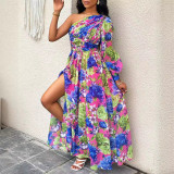 Wholesale Floral Print Slash-Shoulder Long Lantern Sleeve Maxi Dress