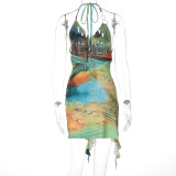 Printed Halter Neck Sexy Low Back O-Ring Club Dress