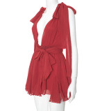Solid Plunge Neck Chiffon Sleeveless Lace-Up Backless Mini Dress