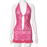 Sexy See-Through Lace Halter Neck Deep V Hollow Lace-Up Mini Dress