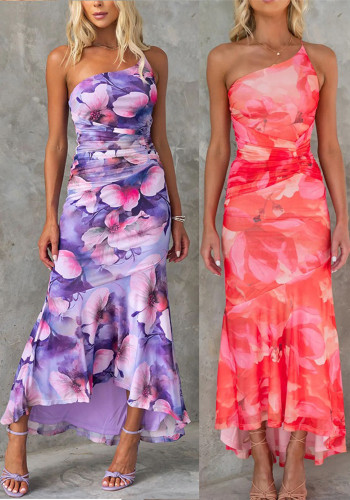 Floral Slash Shoulder Printed Ruffle Stretch Long Dress
