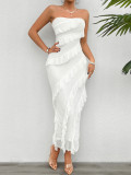 Solid Slim Strapless Ruffle Maxi Dress