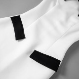 Solid Turndown Collar Cap Sleeve Contrast Color High Waist Zipper Dress