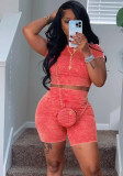 Wholesale Solid Cotton Blending Short Sleeve High-Waisted 2PCS Shorts Set