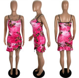 Sexy Butterfly Print Drawstring Cami Dress