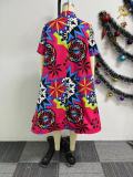 Printed V-Neck Zip Up Short Sleeve Plus Size Loose Dress