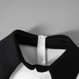 Solid Turndown Collar Cap Sleeve Contrast Color High Waist Zipper Dress