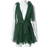 Solid Plunge Neck Chiffon Sleeveless Lace-Up Backless Mini Dress