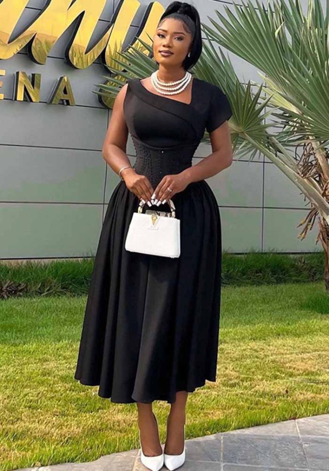 Asymmetric Corset Slim Fit Short Sleeve A-Line Maxi Dress