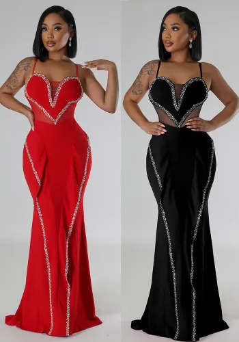 Sexy Rhinestone See-Through Mesh Patchwork Ruffle Cami Long Party Dress