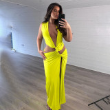 Solid Sexy Deep V Hollow Sleeveless Slit Slim Long Dress