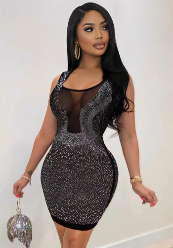 Wholesale Sexy Rhinestone See-Through Mesh Nightclub Bodycon Dress