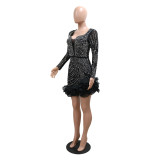 Beaded Long Sleeve Square Neck Ruffle Hem Club Dress
