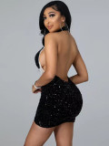 Sexy Mesh Sequin Halter Backless Bodycon Nightclub Dress