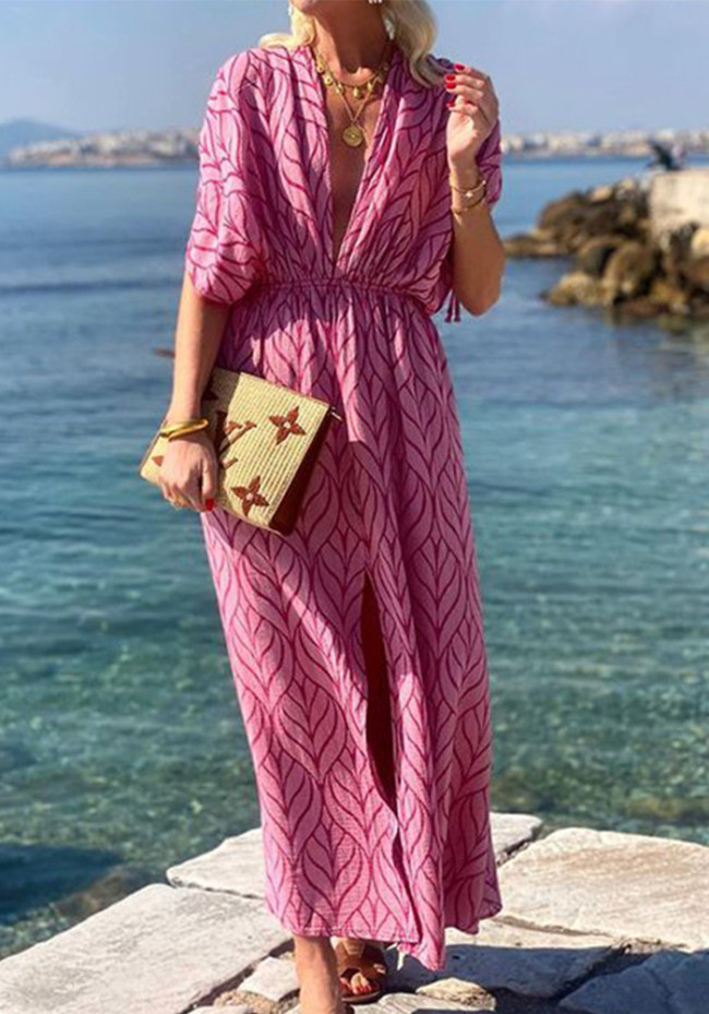 Sexy Printed Plunge Neck Casual Slit Maxi dress
