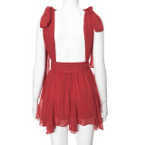 Solid Plunge Neck Chiffon Sleeveless Lace-Up Backless Mini Dress