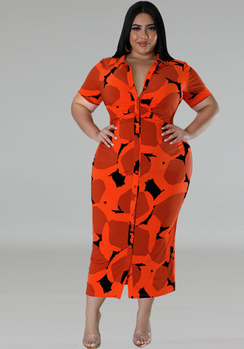 Plus Size Short Sleeve Button Turndown Collar Print Midi Dress