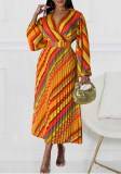 Turndown Collar Sexy Printed Puff Sleeve Pleated Maxi Dress