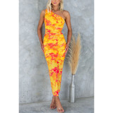 Holidays Printed Stretchy Ruched Slash Shoulder Sleeveless Long Dress