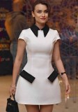 Solid Turndown Collar Cap Sleeve Contrast Color High Waist Zipper Dress