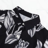 Chic Floral Printed Black Puff Sleeve Ruffle Button Long Dress